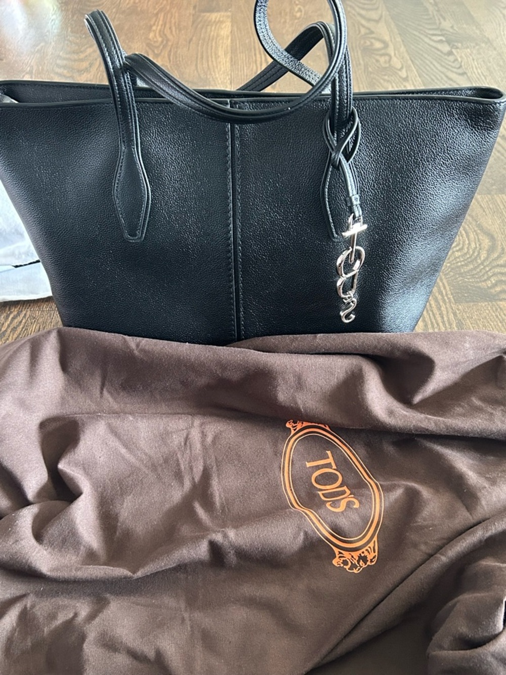 TOD'S Black Leather Tote with Silver-Tone Charm